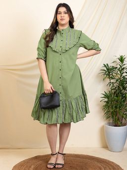 Deebaco - Sea Green Tiered Plus Size Shirt Knee Length Dress