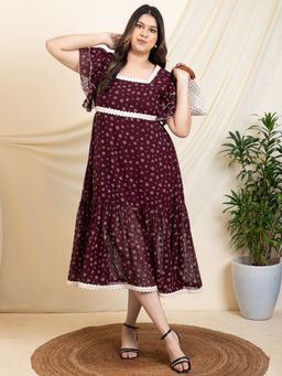 Deebaco - Wine Floral Printed Tiered Midi Length Women Plus Size Dress