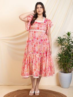 Deebaco - Pink Floral Printed Tiered Midi Length Women Plus Size Dress