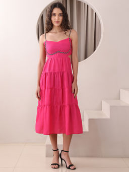 PURVAJA - Women Solid Pink Fit and Flared Midi Dress