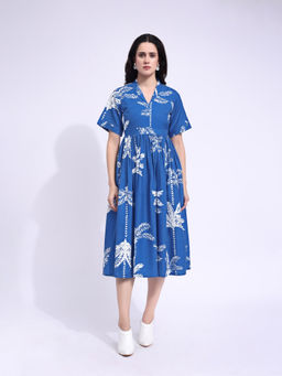 PURVAJA - Women Printed Blue Midi Dress