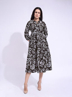 PURVAJA - Women Floral Printed Brown Midi Dress