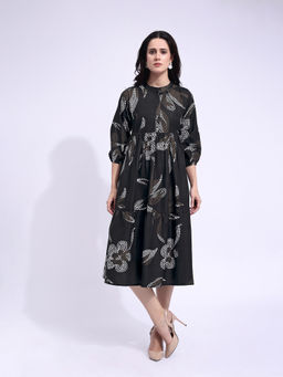 PURVAJA - Women Floral Printed Black Midi Dress