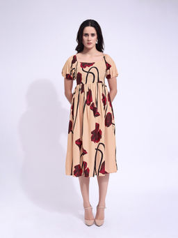 PURVAJA - Women Printed Peach Midi Dress
