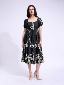 PURVAJA - Women Printed Black Midi Dress