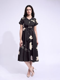 PURVAJA - Women Floral Printed Black Midi Dress