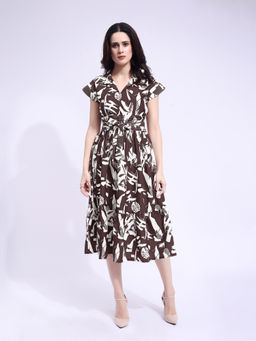 PURVAJA - Women Floral Printed Brown Midi Dress
