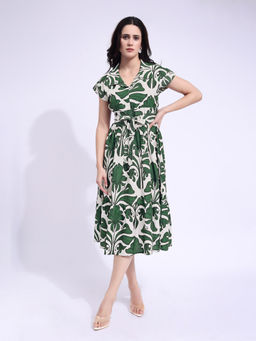 PURVAJA - Women Floral Printed Green Midi Dress