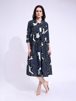 PURVAJA - Women Printed Navy Blue Midi Dress
