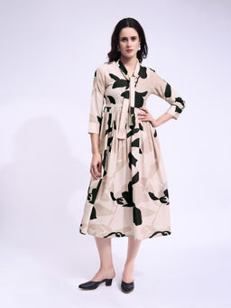 PURVAJA - Women Printed Beige Midi Dress
