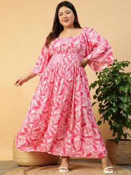 Oxolloxo - Women Plus Size Pink Floral Print Square Neck Long Sleeve Maxi Dress