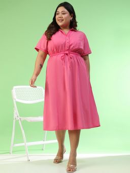 Oxolloxo - Women Plus Size Pink Collared Short Sleeve Elasticated Midi Cotton Dress