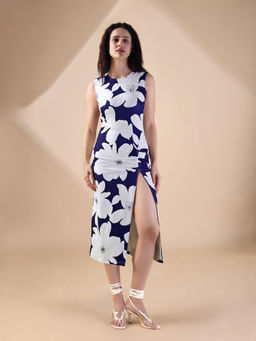 PURVAJA - Women Printed Navy Blue Midi Dress