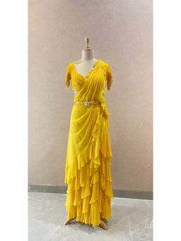 Neeta Lulla - Yellow Drape Saree With Stitched Blouse And Belt Attached With Bag