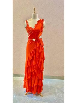 Neeta Lulla - Orange Drape Saree With Stitched Blouse And Belt Attached With Bag