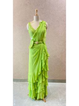 Neeta Lulla - Green Drape Saree With Stitched Blouse And Belt Attached With Bag