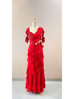 Neeta Lulla - Red Drape Saree With Stitched Blouse And Belt Attached With Bag