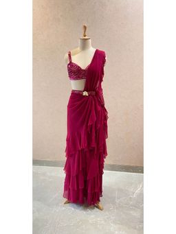 Neeta Lulla - Pink Drape Saree With Stitched Blouse And Belt Attached With Bag