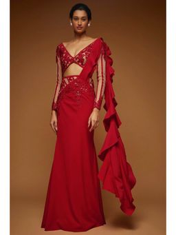 Neeta Lulla - Red Drape Saree With Stitched Blouse