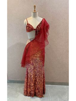 Neeta Lulla - Red Drape Saree With Stitched Blouse