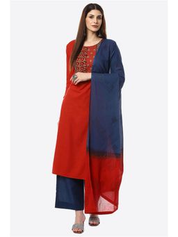 Biba - Red Cotton Embroidered Dress Material (Set of 3)