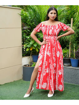 Veeralda - Red Smocked Off Shoulder Slit Cotton Print Maxi Dress