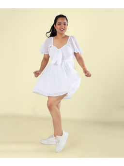 Veeralda - White Poly Chiffon Swiss Dot Tie-Knot Mini Dress