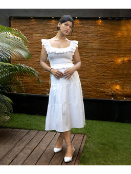 Veeralda - White Smocked Yoke Eyelet Tier Dress