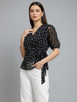 ANVI Be Yourself - Women Black Georgette Polka Dots Top
