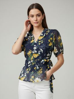ANVI Be Yourself - Women Navy Blue Georgette Floral Top