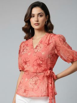 ANVI Be Yourself - Women Peach Chiffon Floral Top