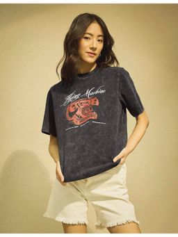 Flying Machine - Women Black Cotton Graphic T-shirt