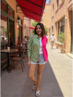 Label Tanvee - Pink and Green Printed Oversized Cotton Shirt