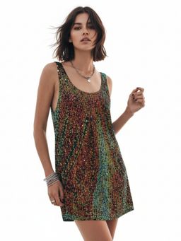 Outzidr - Multicolored Sleeveless Sequined Scoop Neck A-Line Dress