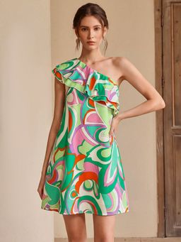 Outzidr - Green Sleeveless Printed Off Shoulder A-Line Dress