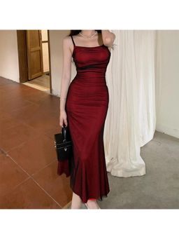 Outzidr - Maroon Sleeveless Floral Scoop Neck Slim Dress