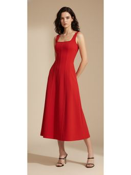 Outzidr - Red Sleeveless Square Neck Flared Midi Dress