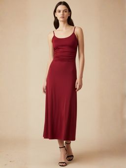 Outzidr - Maroon Sleeveless Scoop Neck Flared Midi Dress