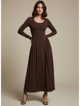 Outzidr - Brown Full Sleeves Round Neck Bodycon Dress