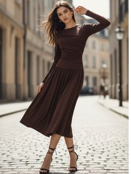 Outzidr - Brown Full Sleeves Round Neck Flared Midi Dress