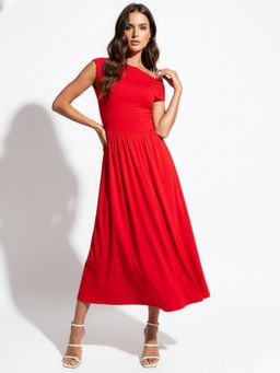 Outzidr - Red Sleeveless Asymmetrical Flared Midi Dress