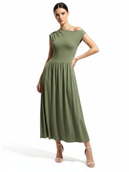 Outzidr - Olive Sleeveless Asymmetrical Flared Maxi Dress