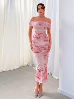 Outzidr - Pink Sleeveless Floral Off Shoulder Bodycon Midi Dress