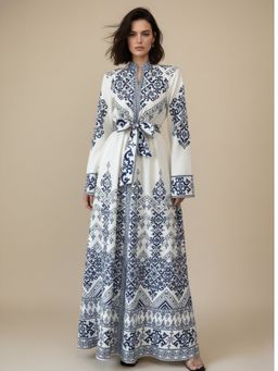 Outzidr - White Full Sleeves Printed High Neck Flared Dress