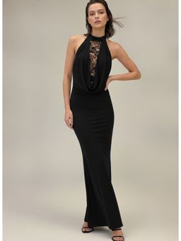 Outzidr - Black Sleeveless Embroidered Halter Neck Bodycon Dress