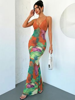 Outzidr - Multicolored Sleeveless Printed Halter Neck Bodycon Dress