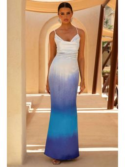 Outzidr - Blue Sleeveless Printed Cowl Neck Bodycon Dress