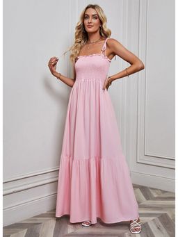 Outzidr - Pink Sleeveless Square Neck Flared Dress