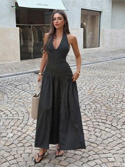 Outzidr - Black Sleeveless Polka Dots Halter Neck Flared Dress