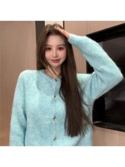 Outzidr - Women Blue Polyester Solid Cardigan